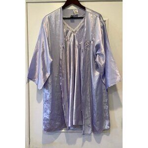 Vtg Eve Stillman Nightgown & Robe Set Sz L Purple Embroidered Floral Tradwife
